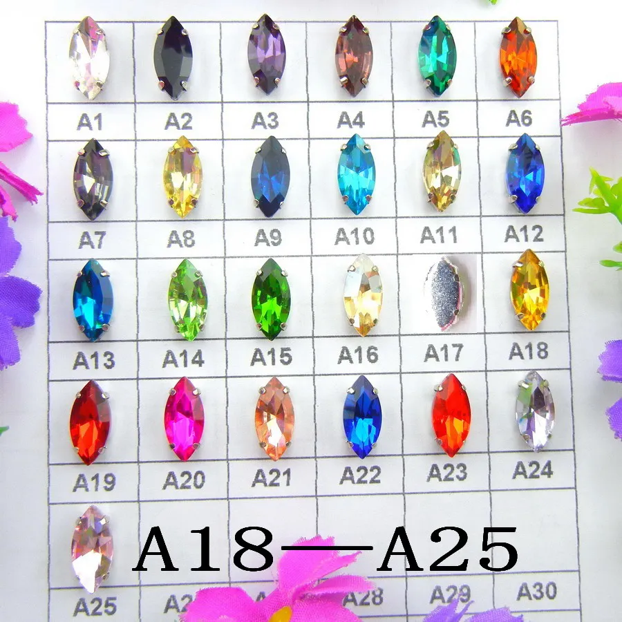 

[A18-A25] Silver claw settings 8 sizes colors mix horse eye Navette Marquise glass Crystal Sew on rhinestone beads appliques diy