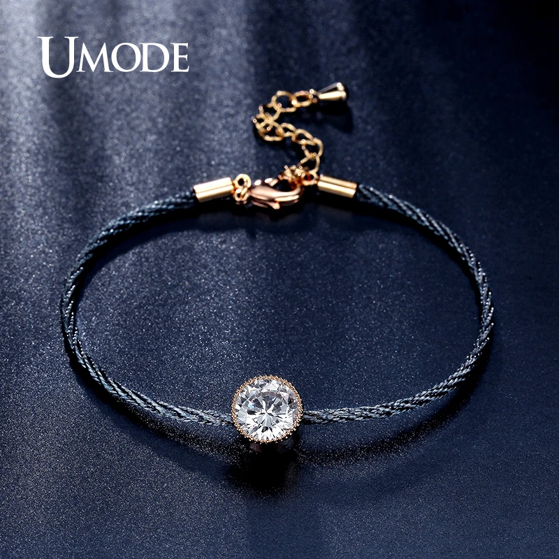 

UMODE New Simple 1.5ct CZ Crystal Gold Color Solitaire Rope Chain Bracelets for Women Pulseira Feminina Jewelry Bangles UB0088