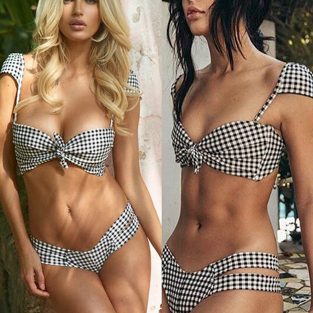 

2018 Bikini Sexy Women Bikini Set Gingham Low Waisted Checked Bathing Suits Push Up Plaid Front Tied Swimwear Summer Beachwear