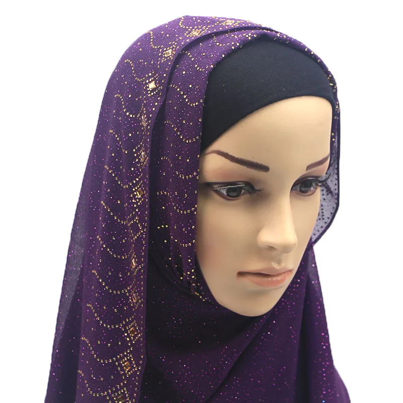 

Fashion Woman hijab Solid Color Rhinestone Decoration Chiffon Silk Popular Shawls Scarf Headband Muslim Hijab Turban 13 Colors