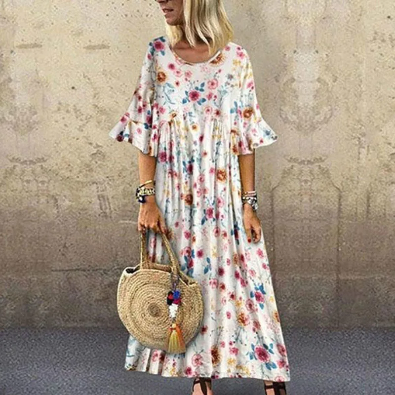 New Ladies Casual Loose Printed Short Sleeve Round Neck Beach Cocktail Party Boho Dress
