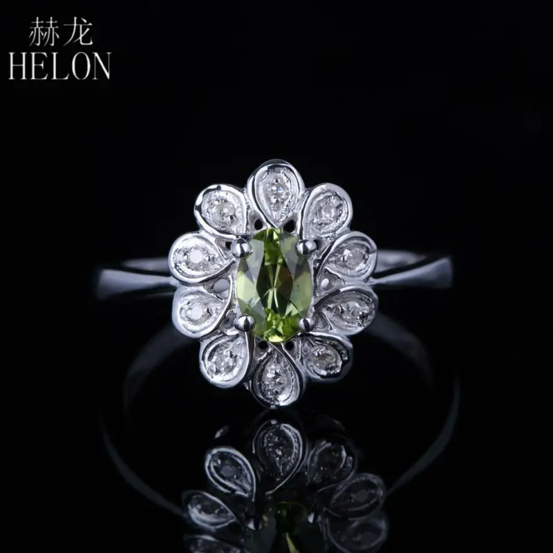 

HELON 4x6mm Oval Cut 0.405CT Peridot Natural Diamond Gemstone Engagement Wedding Solid 14K White Gold Women's Fine Jewelry Ring