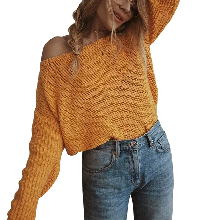 

JINGDI Fall/Winter Knitwear One-neck Collar Off Shoulder Yellow Pullover Sweater Long Sleeve Female Plus Size Shrugs For Women