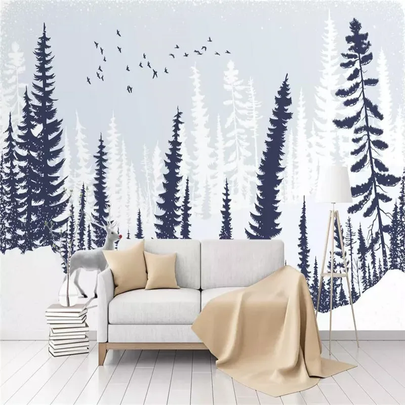 

Modern minimalist hand-painted cartoon forest tree elk TV background wall paper mural home decoration custom photo wallpaper