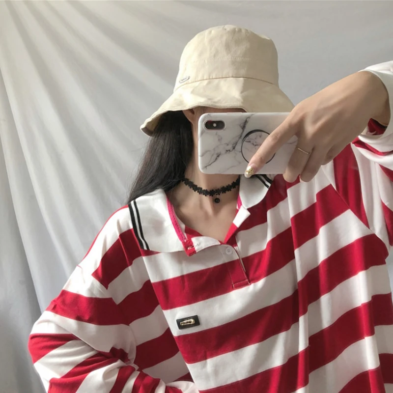 Новые весенние ulzzang Harajuku bf Поло рубашка свободная футболка-топ в стиле ретро полосатый Свободные Длинные рукава Женская футболка