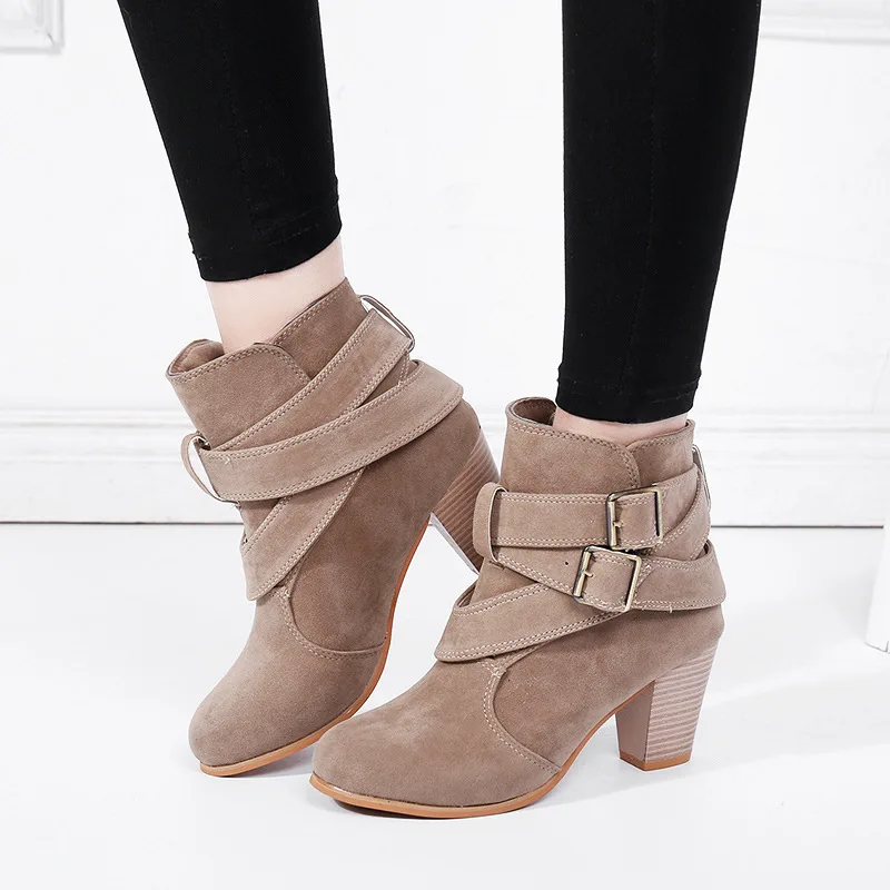 

Buckle Strap Women Ankle Boots Casual Platform Shoes Woman High Heels Western Boots Slip On Winter Women Shoes Large Size 43
