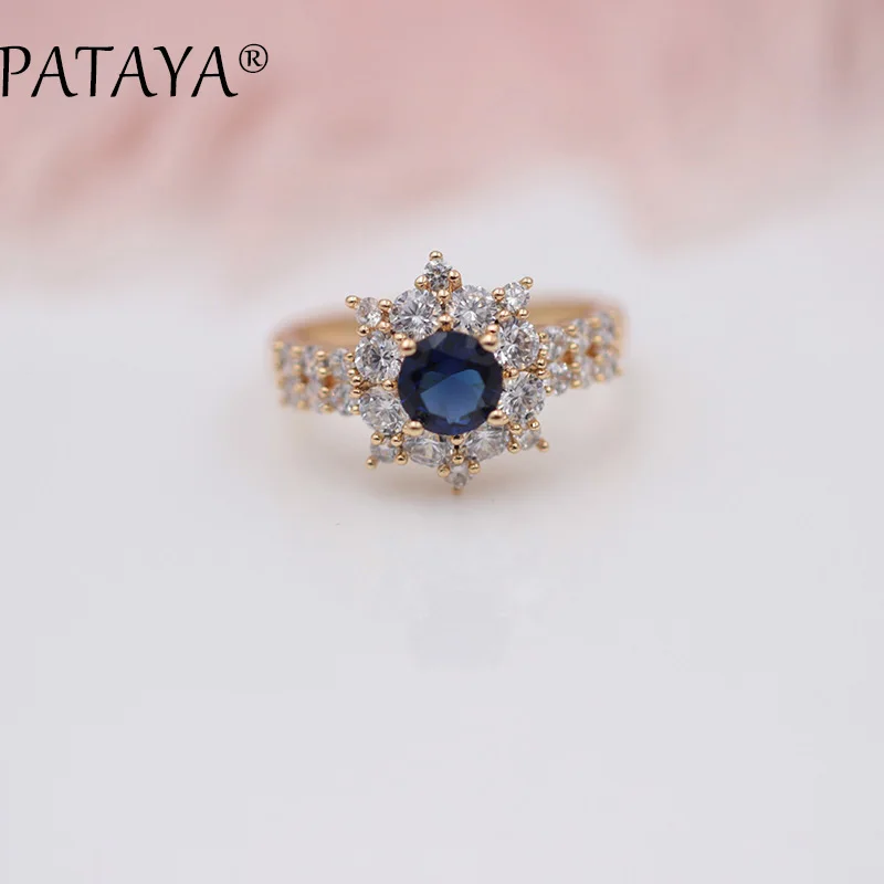 PATAYA, Новое поступление, темно-синий Подсолнух, круглый природный Цирконий, кольца, 585, розовое золото, роскошные ювелирные изделия для женщин, для свадьбы, вечеринки, большое кольцо