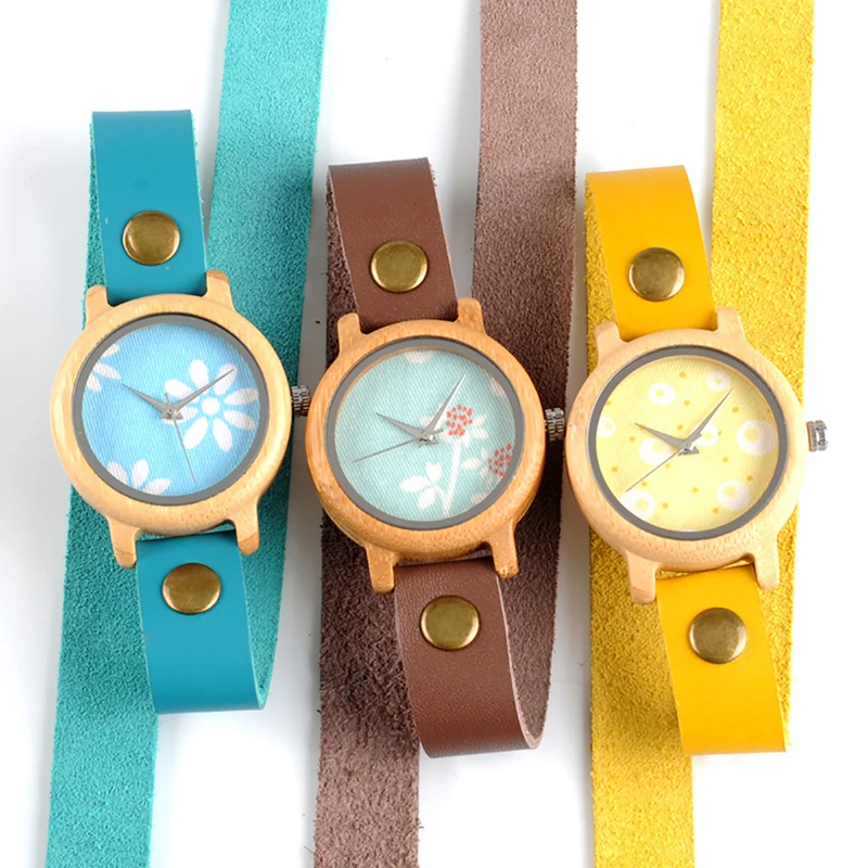 

BOBO BIRD Bamboo Watches for Women New Fashion Created Reloje Mujer 2017 Colorful Long Leather Strap in Wood Box Bayan Saat