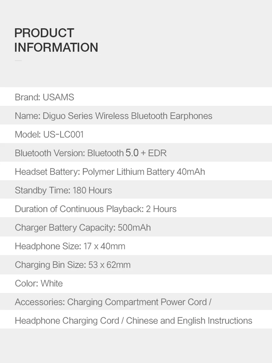 Беспроводные bluetooth-наушники USAMS для iPhone Xs Max XR 7 8 6 S, bluetooth-наушники для samsung Xiaomi с зарядным устройством