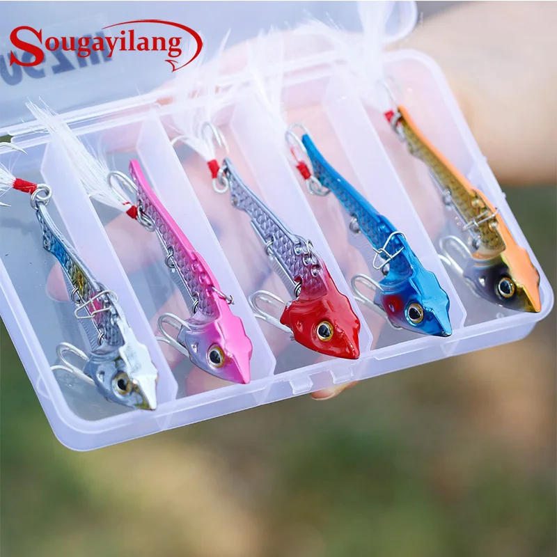 

Sougayilang 5Pcs Fishing Lure Blade Baits with ABS Plastic Box with Feathers Treble Hooks for Bass Walleyes Trout Fishing Spoons