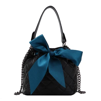 

Fashionable lady's single shoulder silk scarf bag is versatile with embroidery line check children's bag