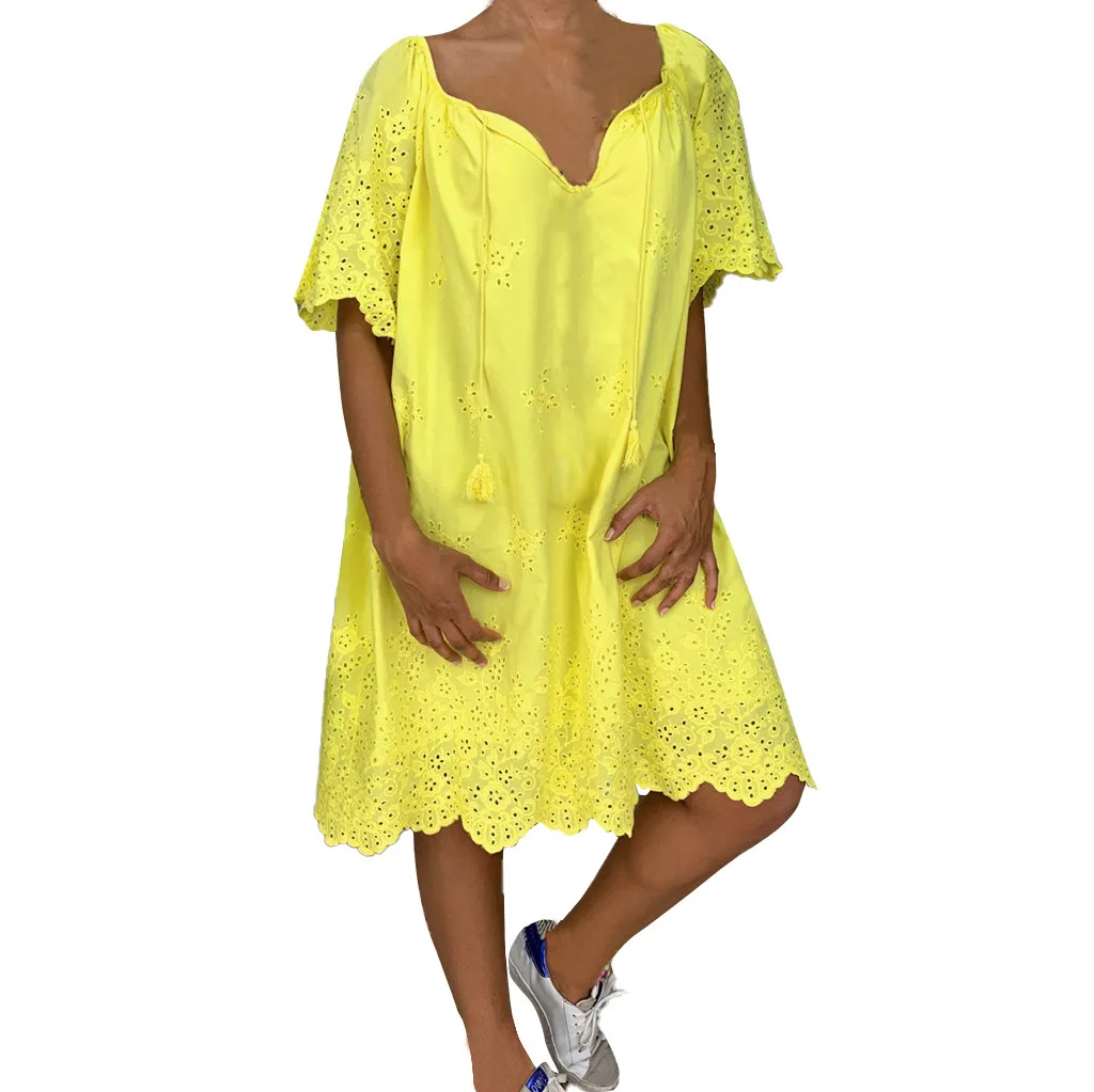 

Cotton and Linen Women's Loose Solid Half Sleeve Lace V-neck Dress Ladies Elegant Beach Party Sundress Plus Size Dresses z0712