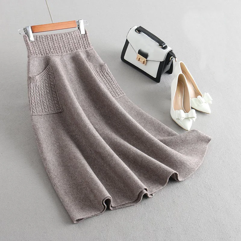 Winter Thick Wool Knitting Long Skirts With Pocket OG0693