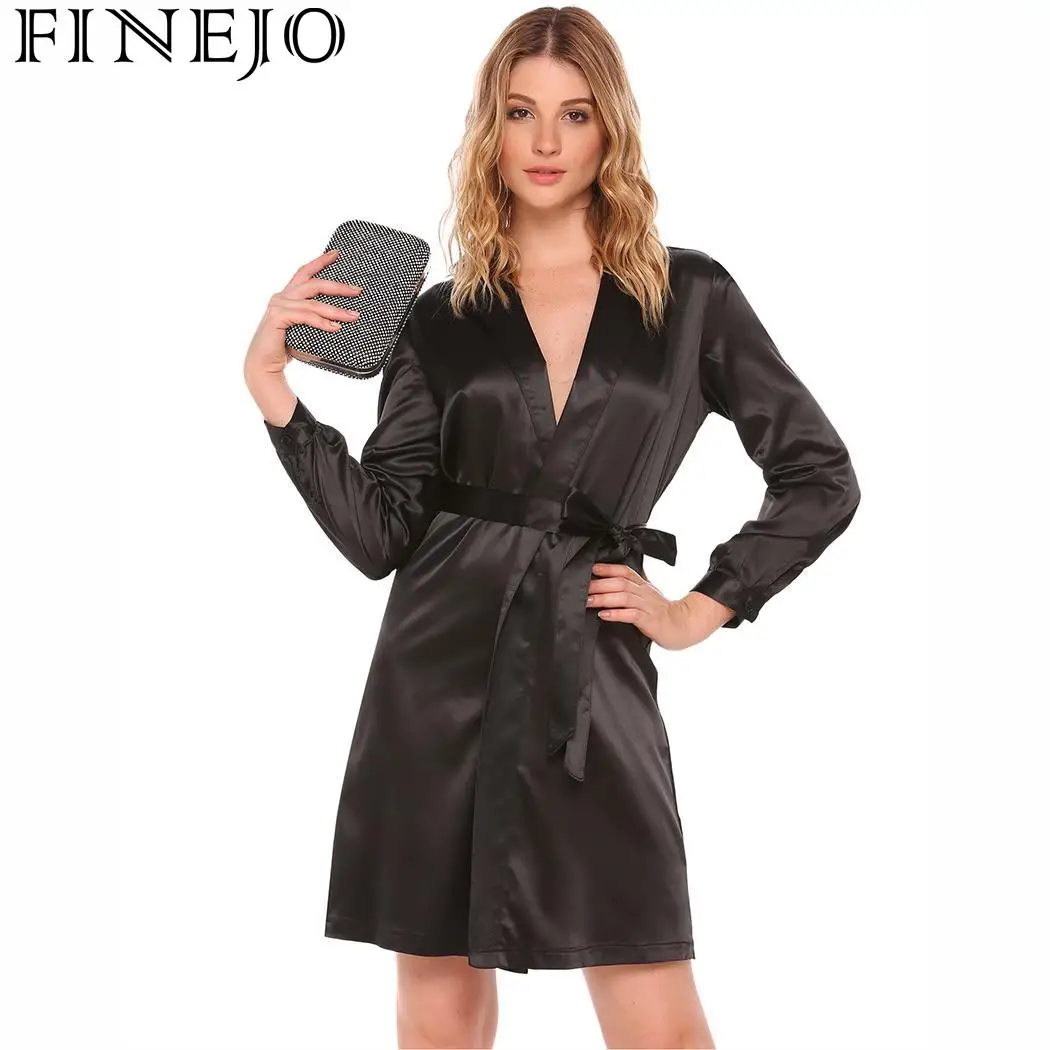 Женское атласное платье FINEJO длинное халат с отложным воротником и поясом на