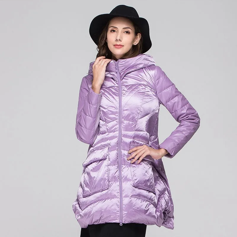 Семь цветов зимняя куртка с капюшоном Женский тонкий похудения корейской моды серый утка перо одноцветное пальто для женщин HJ126 - Цвет: Purple