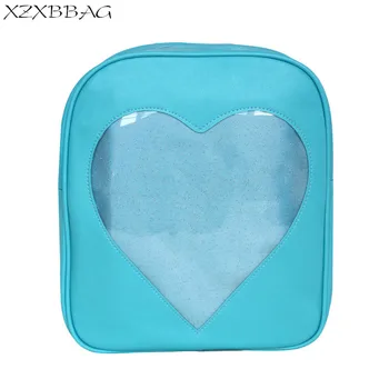 

XZXBBAG Candy Color PU Leather Ita Bag DIY Transparent Love Heart Shape Backpack Kawaii Harajuku Schoolbags For Teenage Girls