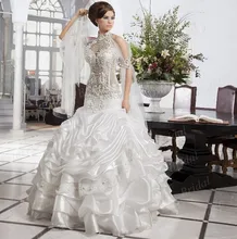 Luxury Heavy Beaded Wedding Dress Sexy Tranparent Bodice High Collar Ruched Bottom Organza Bridal Gown With Big Pearls MF643