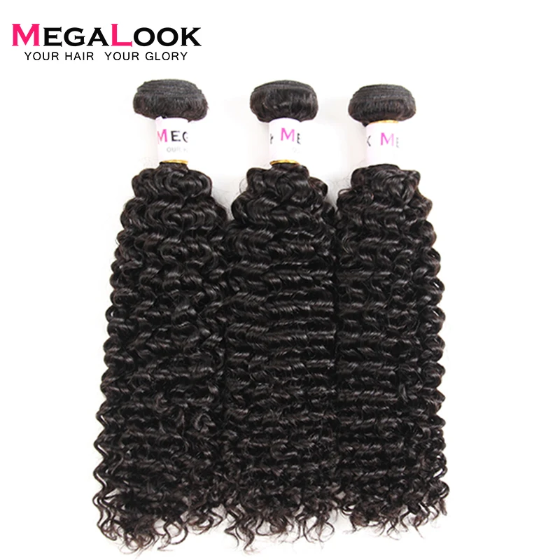 Megalook 8-32 pollice Peruviano Riccio crespo Dei Capelli Umani Bundles 3 pz Colore Nero Naturale Al 100% di Remy Dei Capelli Del Tessuto