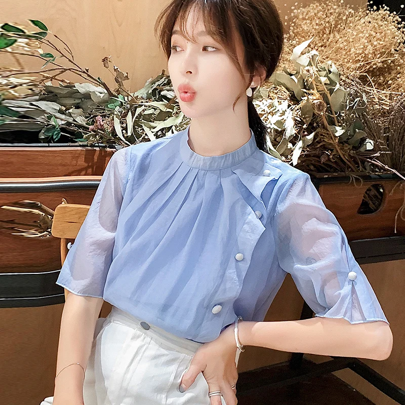 

Fashion New Office Lady Blouse Autumn Half Sleeve Chiffon Blouse Chic Beaded Women Pure Color Shirt Tops Blusas Femme