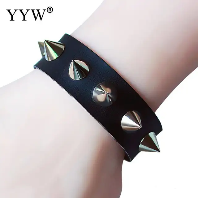 Unisex Metal Cone Stud Spikes Rivet PU Leather Biker Wristband Wide