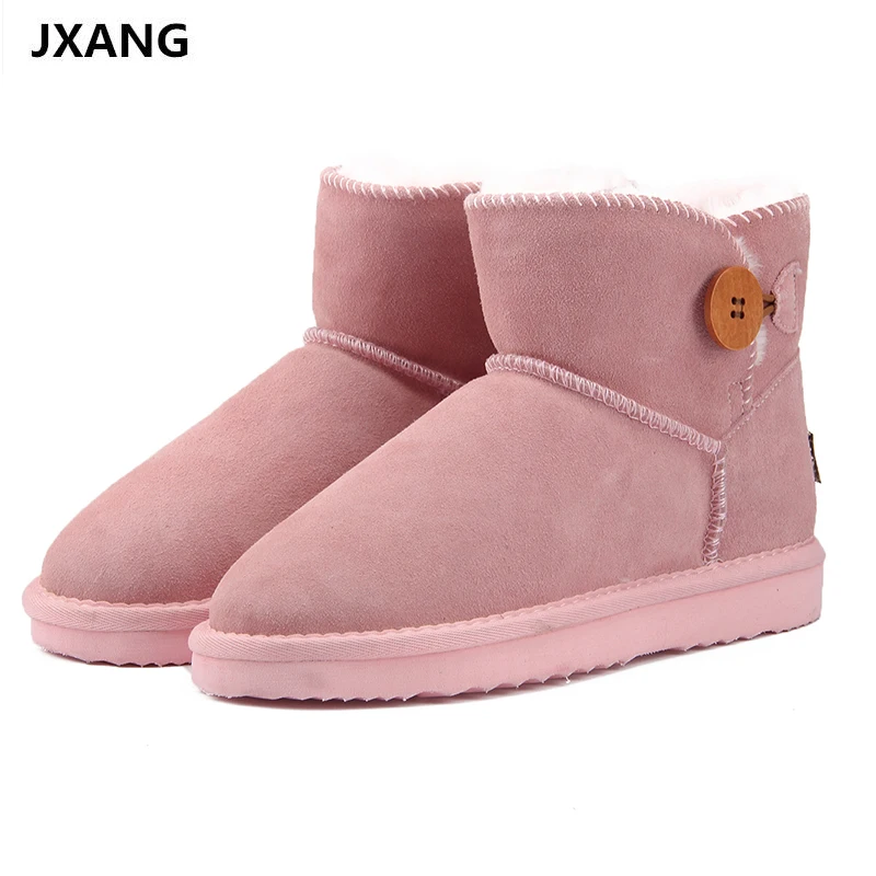 

JXANG Top Quality Women Genuine Cowhide leather Button Snow Boots Fur snow boots Warm winter shoes Ankle Boots Size 34-44