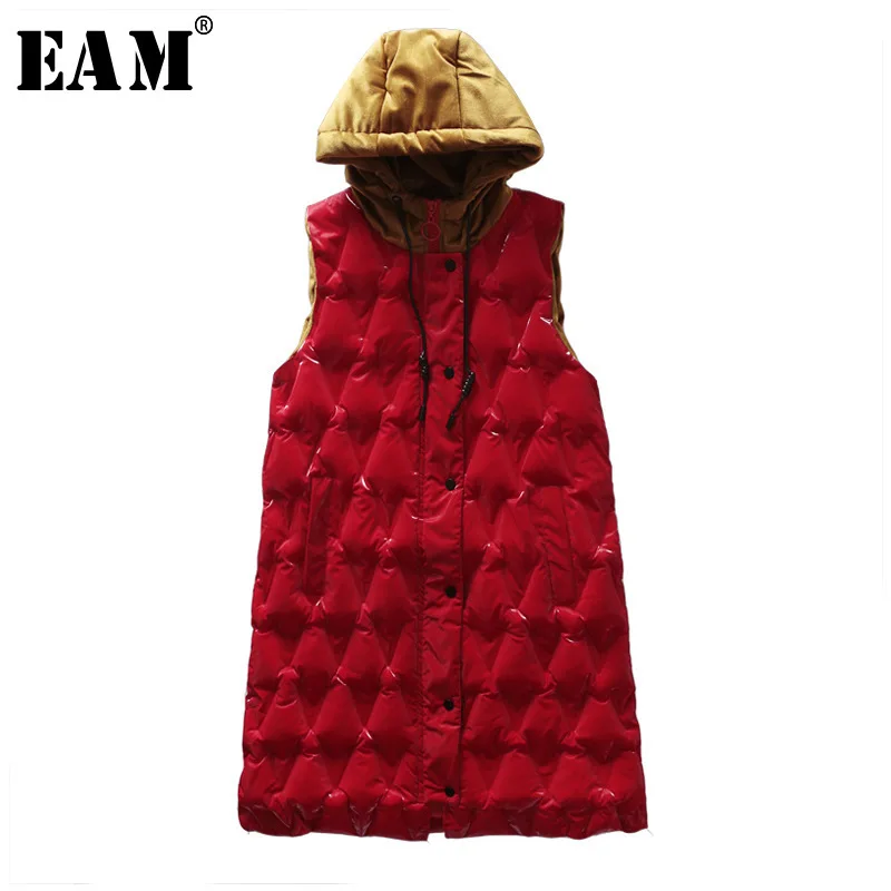 [EAM] 2019 New Spring Hooded Sleeveless Red Hit Color Loose Cotton-padded Warm Long Vest Women Fashion Tide JK824
