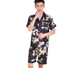 Район свободные Для мужчин, комплект из 2 предметов, короткий рукав и короткие штаны пижамный комплект Китайский Винтажный стиль печати ночная рубашка с драконом Размеры L XL XXL NK02