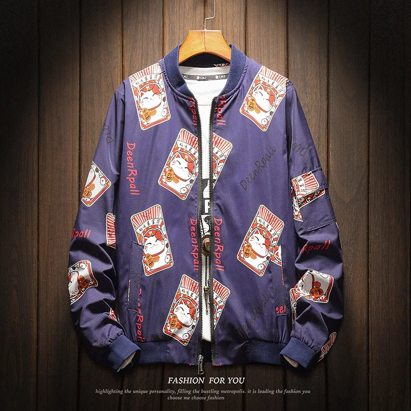 

2019 New Arrival Lucky Cat Printed Mens Jackets Spring Autumn Thin Fashion Casual Personality Baseball Bomber Jackets