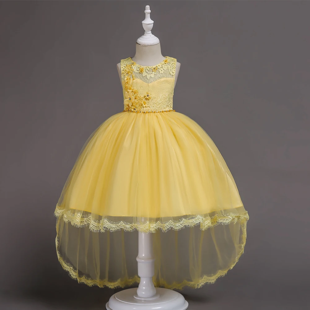 CAILENI Kid Girls Sleeveless Princess Dress Fashion Flower Decor Lace Wadding Party Trailing Ball Gown Frock For 1-12 Years | Детская