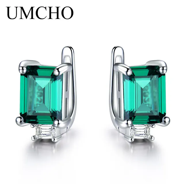 UMCHO Solid 925 Sterling Silver Clip Earrings for Women Luxury Emerald Green Gemstone Jewelry Princess Cut May Birthstone Gift EUJ072E-1