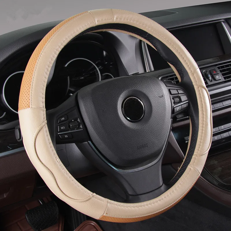 

2018 New Design Genuine Leather Car Steering Wheel Cover 38cm Universal Anti-slip Auto Steering Cover Case Breathable Beige