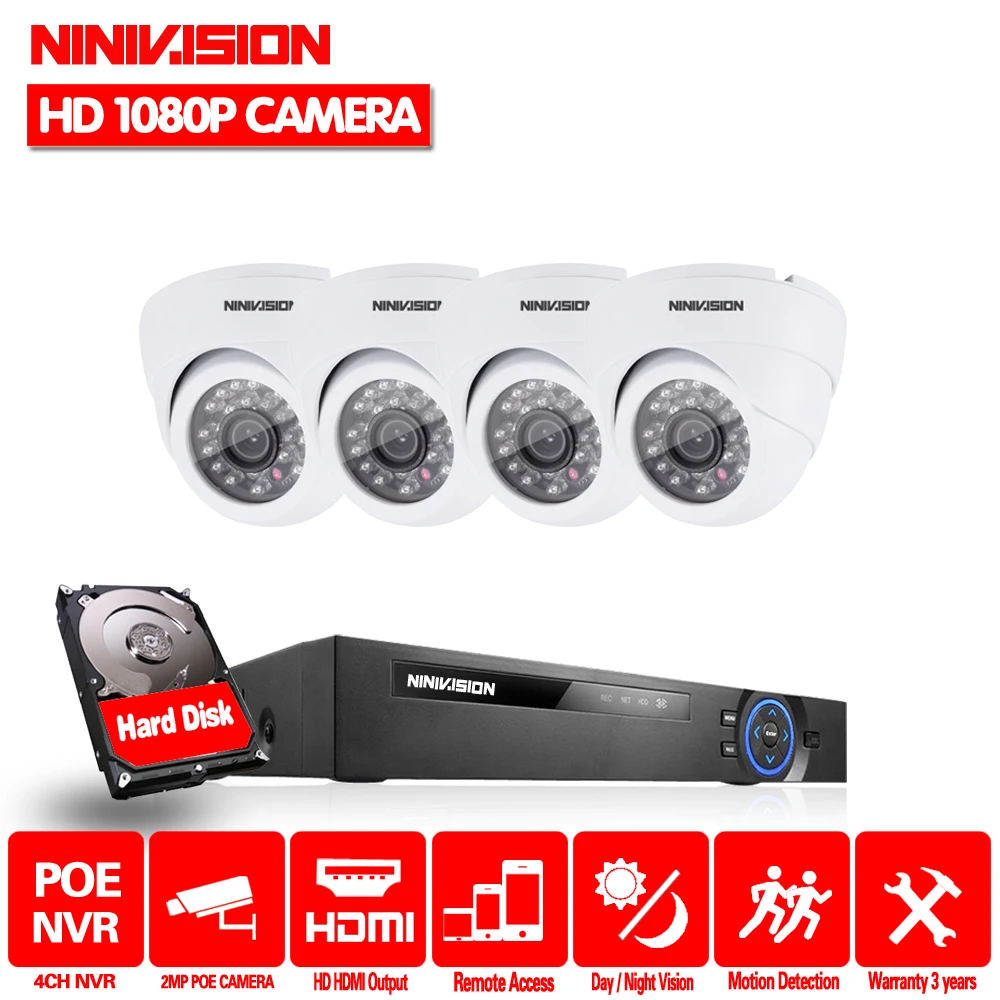 NIVISION HD 4CH NVR 1080 P 48 V POE sistema CCTV Kit 4 piezas 2.0MP cubierta IP POE Cámara IR p2P v