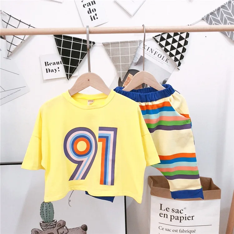 

Kids Tracksuit Casual Rainbow Print Short Sleeve Shorts 2pcs Sport Suit for Boys Cotton Vacation Toddler Boys Clothing Sets 2019