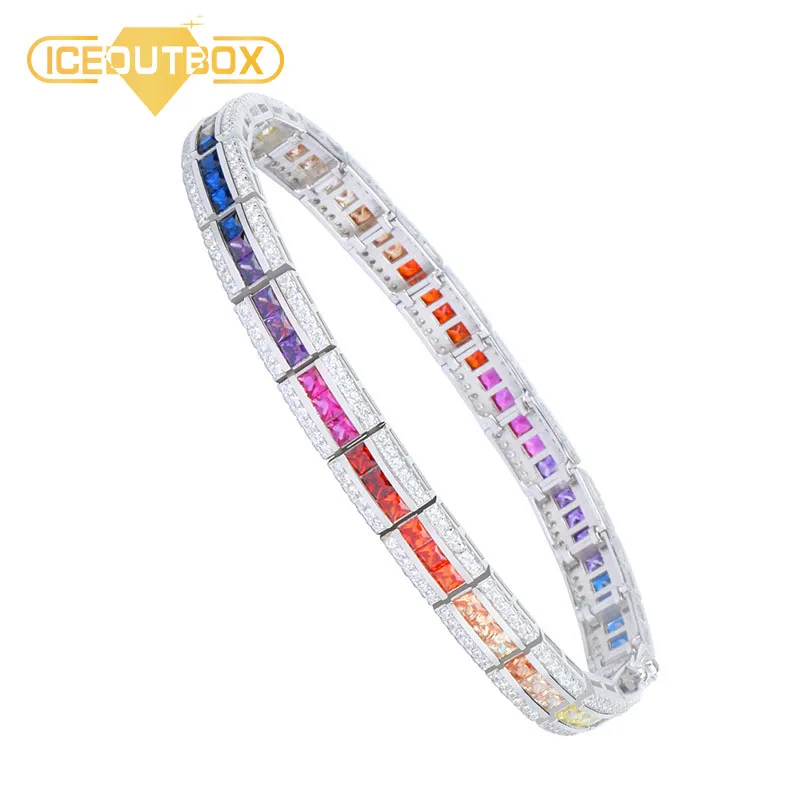 

Fine Jewelry Three Row CZ Crystal Bracelet Rainbow Colorful Square CZ 7mm Width Tennis Chain S925 Sterling Silver For Women