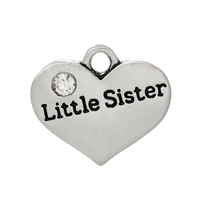 

DoreenBeads Charm Pendants Heart Family Antique Silver "Little Sister"Carved Clear Rhinestone 17mm x 15mm(5/8" x 5/8"),20PCs