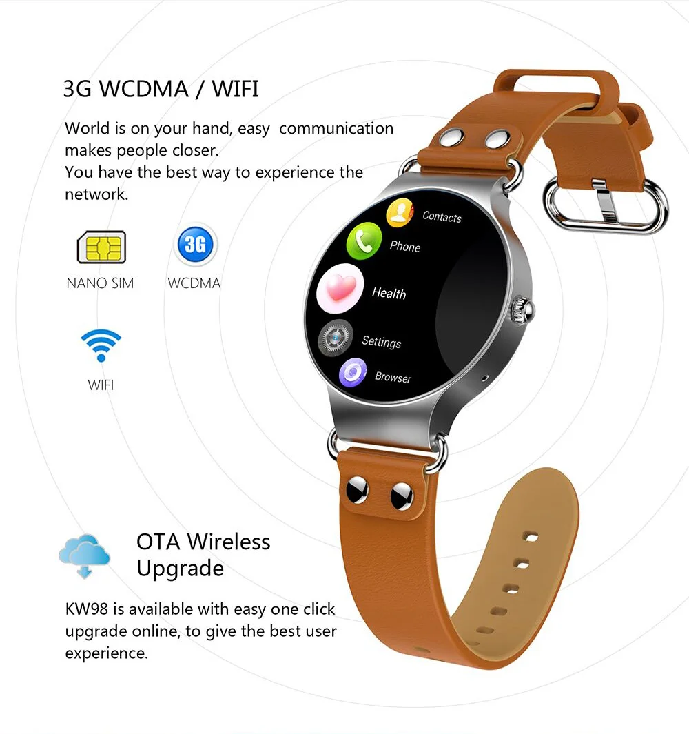 KingWear KW98 3g Smartwatch телефон Android 5,1 1,39 дюймов MTK6580 четырехъядерный 8 Гб ПЗУ gps измерение сердечного ритма шагомер анти-потеря