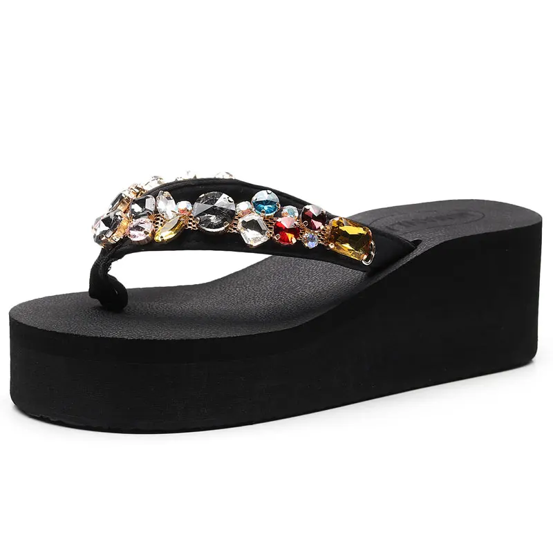 

Women Shoes New Rhinestone Slippers High-heeled Out Slippery Slippers Women Wear Fashion Wild Flip-flops Thick-soled Beach Shoes