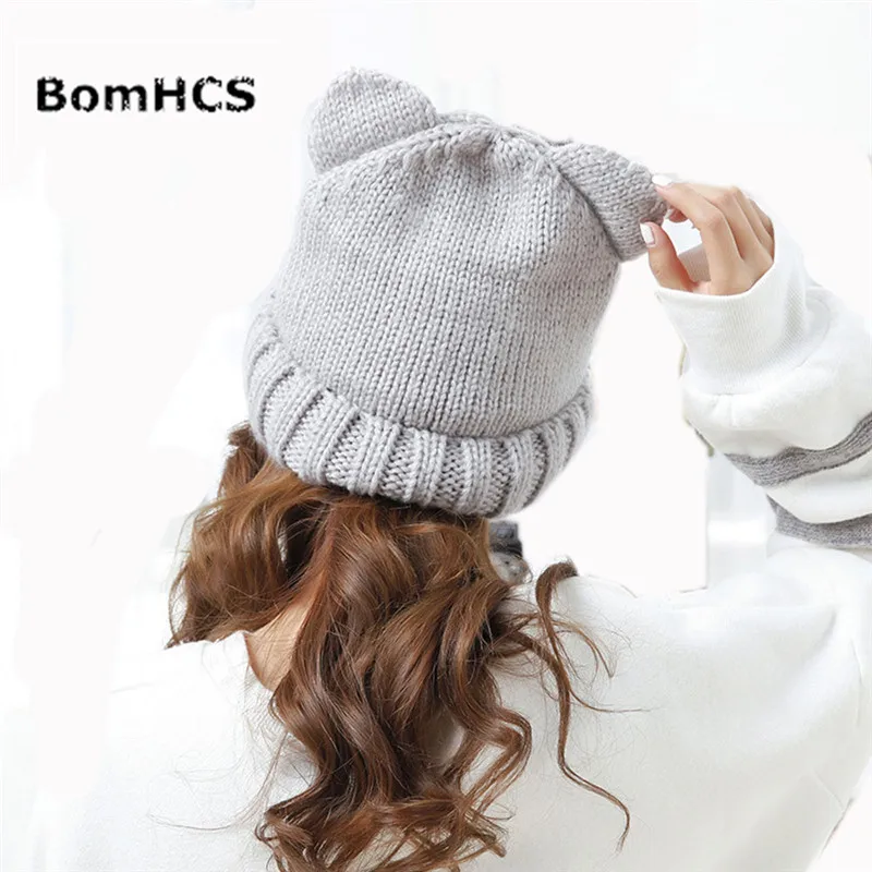 BomHCS милые кошачьи уши Шапка-бини Новый осень-зима Теплые ручной работы Вязание Кепки подарки