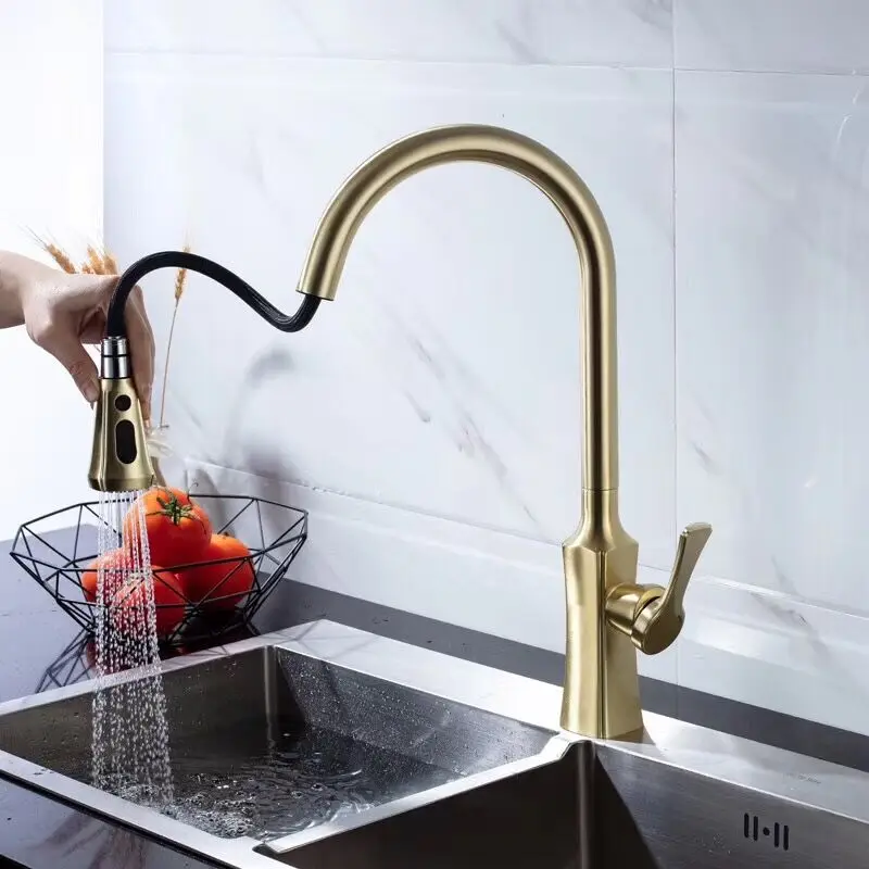 

all copper Cold and hot water mixer faucet for drawing gold kitchen faucet pull out tap single hole deck mounted faucets