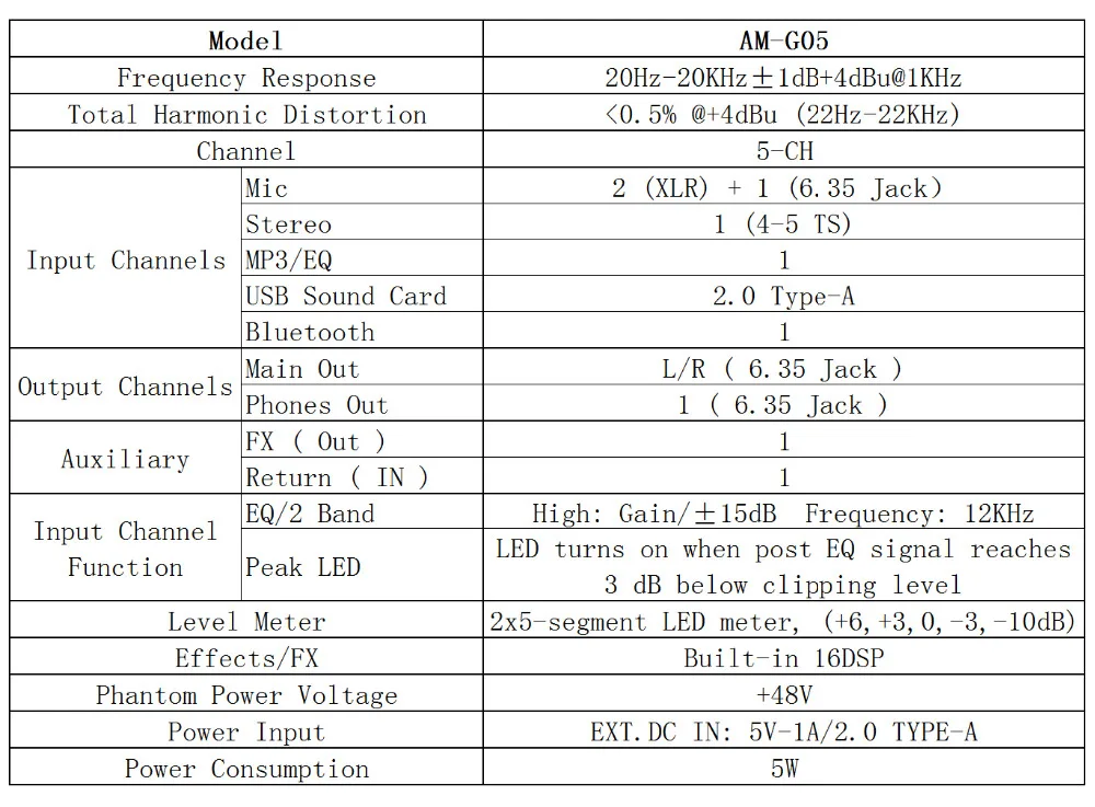 AM-G05 Bluetooth USB Запись ПК воспроизведение запись 4 канала гитарный вход 2 моно 1 Стерео Профессиональный USB аудио микшер