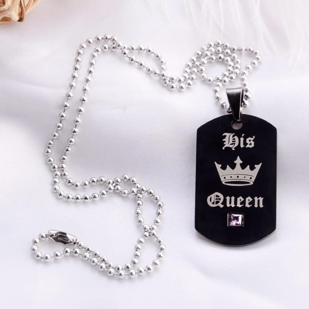 His and Her His Queen Her King Lover Couple Dog Tag Pendant Necklace Gift