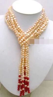 

xiuli 003526 SALE Long 45" natural 6-7mm Pink Baroque Pearl & 6mm Red coral 3 Strand Necklace