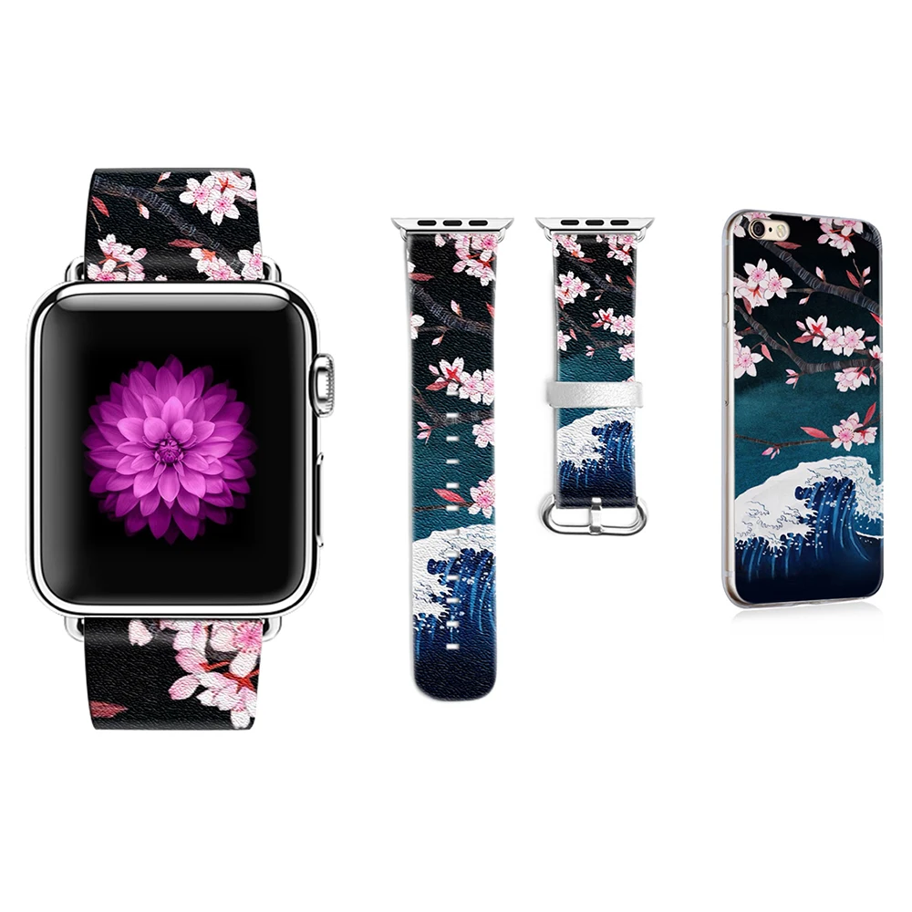 

Cherry Blossoms Pattern Band for Apple Watch 38mm 42mm Band for Iwatch Series 1 2 3 Strap Genuine Leather Gift for IPhone Case