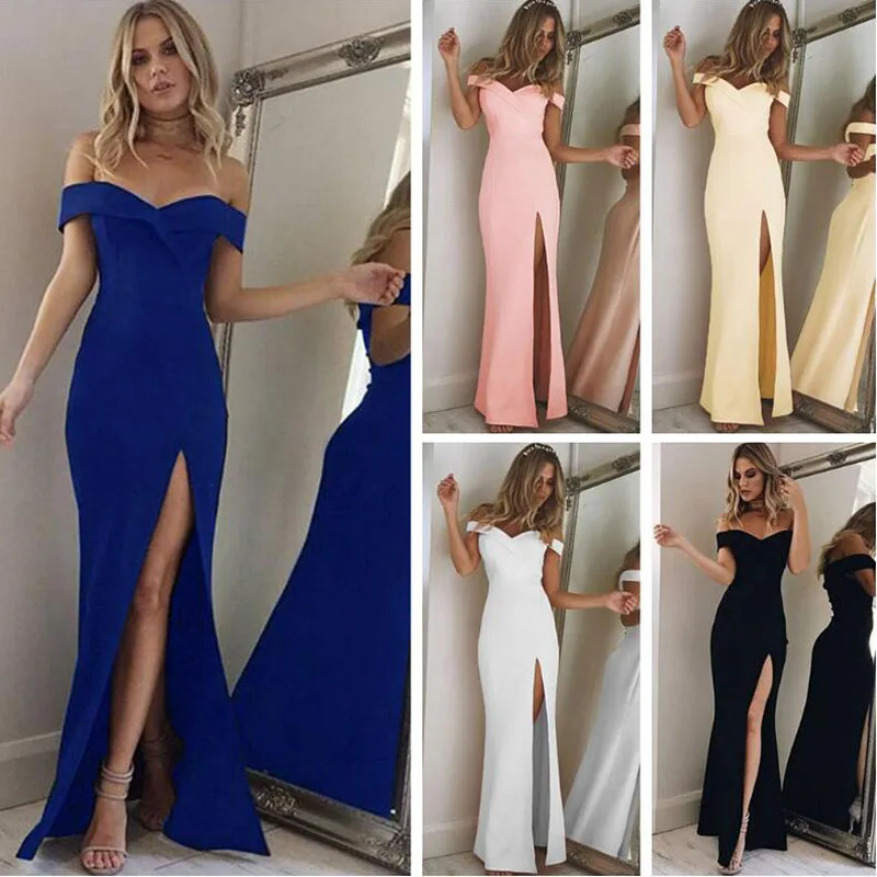YL Brand Summer Dress Women Fashion Sexy Slash Neck Solid Straight Floor Length Party Dresses 2018 New Arrival Split Maxi | Женская