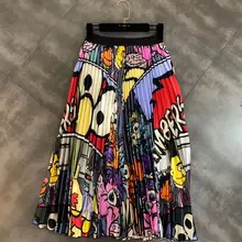 Юбки Женские Весна Новая мода Половина юбка с свободной талией и плиссированные Мультяшные цветные узоры