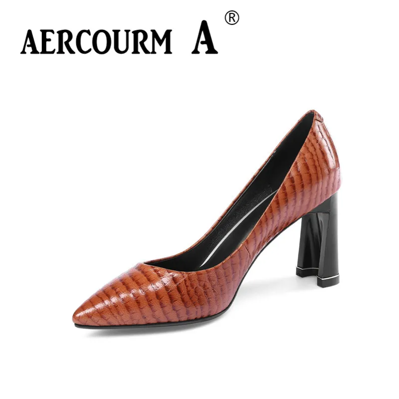 

AERCOURM A 2018 Women Genuine Leather High Heels Shoes Black Brown Size 33-43 Pointed Toe Spring Autumn Ladies Dress Shoes M3132