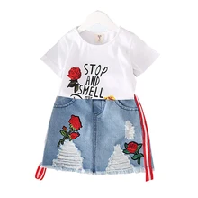 Girls Clothing Sets Summer 2018 Fashion Children Cotton Embroidery Rose Flower T-shirt And Denim Skirts Suit Kids Clothes Set цена Girls Clothing Sets Summer 2018 Fashion Children Cotton Embroidery Rose Flower T-shirt And Denim Skirts Suit Kids Clothes Set цены онлайн