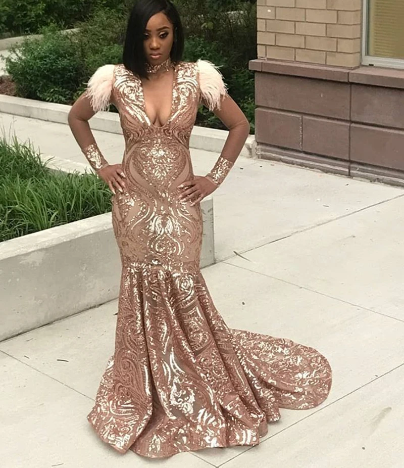 

Sexy Plunging V Neck Mermaid Prom Dresses 2019 Feathers Sequined Lace African Black Girls Evening Party Dresses DP0026