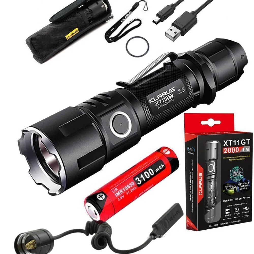 

Tactical Flashlight KLARUS XT11GT CREE XHP35 HI D4 LED max. 2000lm beam distance 316 meter torch + 18650 battery,Switch TRS1