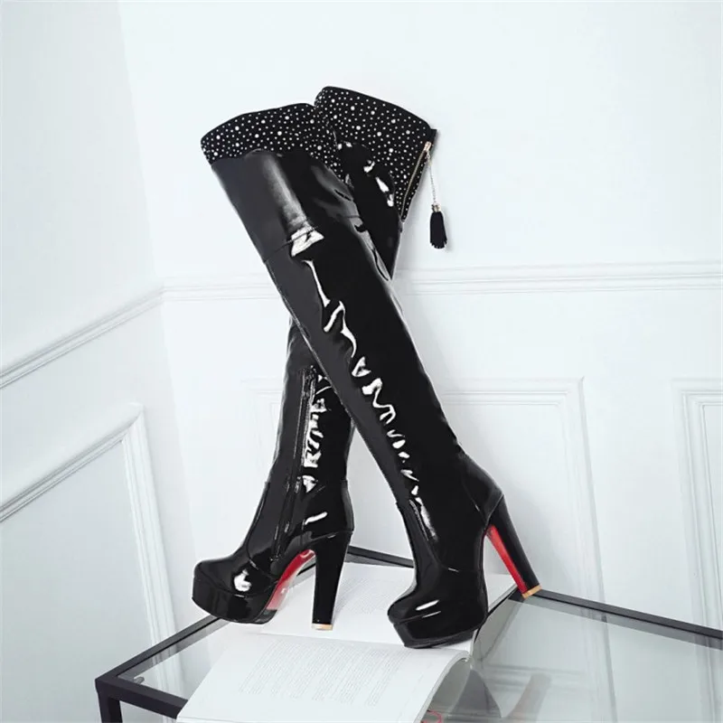 Tassel Rhinestone Thigh High Boots Patent Leather Thick Heels Over-the-Knee Boots Large Size 48 Steel Pole Dance Boots For Women (10)